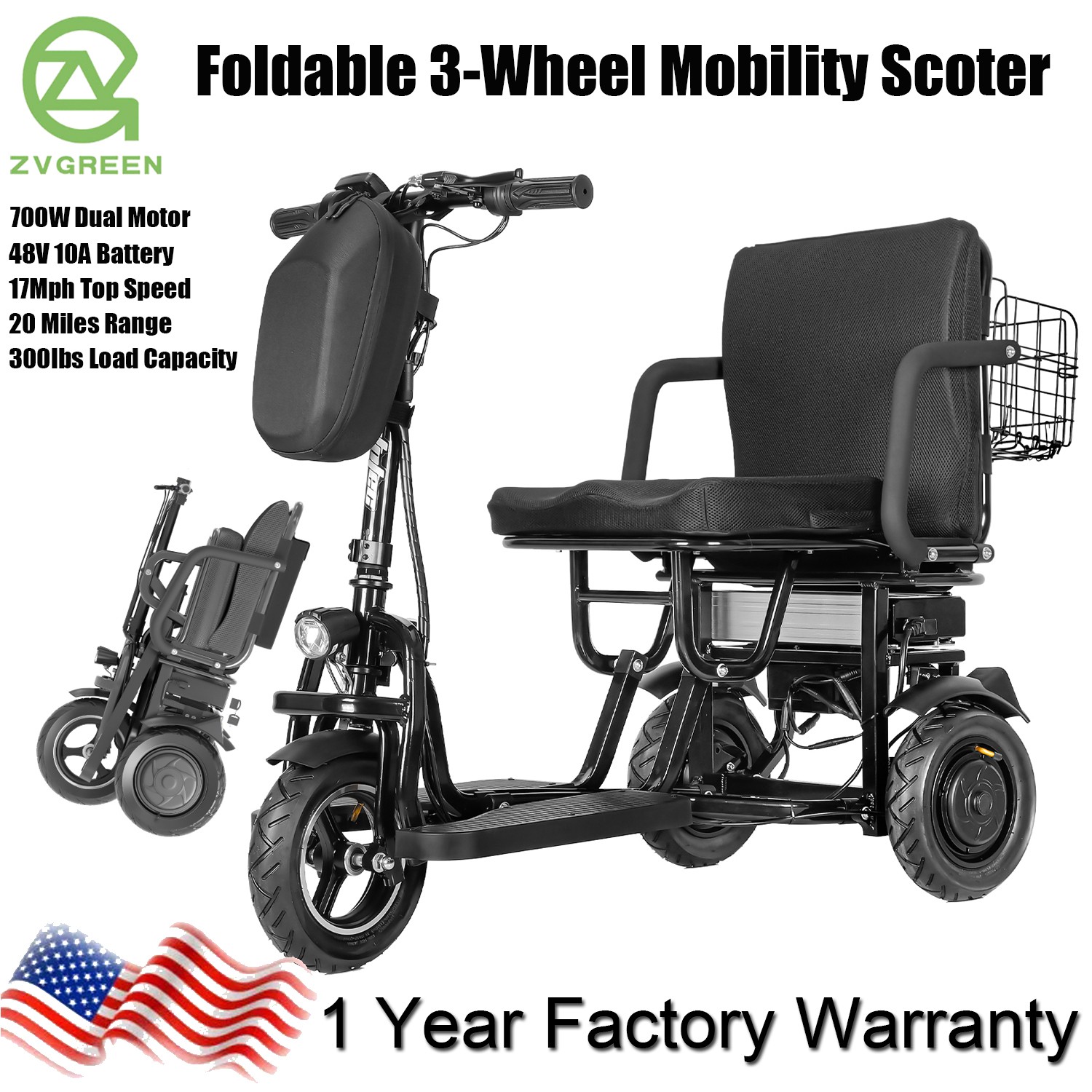 ZVG Dual Motor 700W 3-Wheel Foldable Mobility Scooter